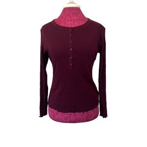 Old Navy Womens sz M Long Sleeve Rib Knit Henley Top Lettuce Hem Maroon